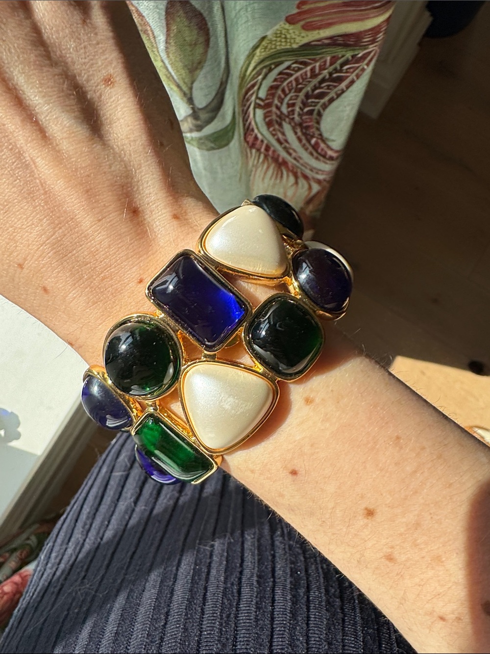 Gold-Tone Blue Green Resin & Faux Pearl Cuff Bracelet